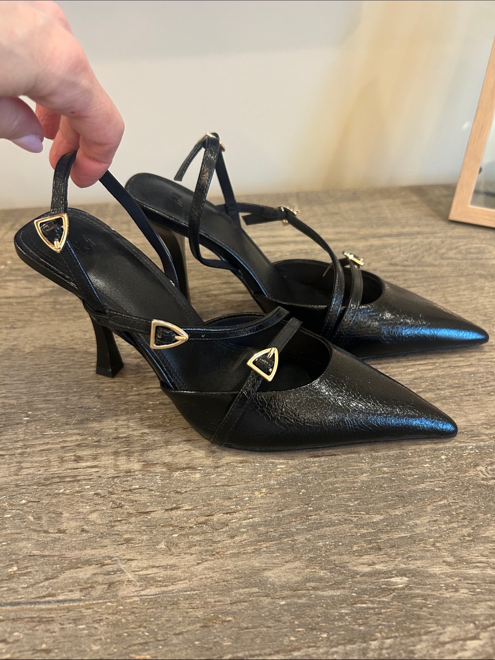 H&M Black Pointed Slingback Heels with Gold Accent